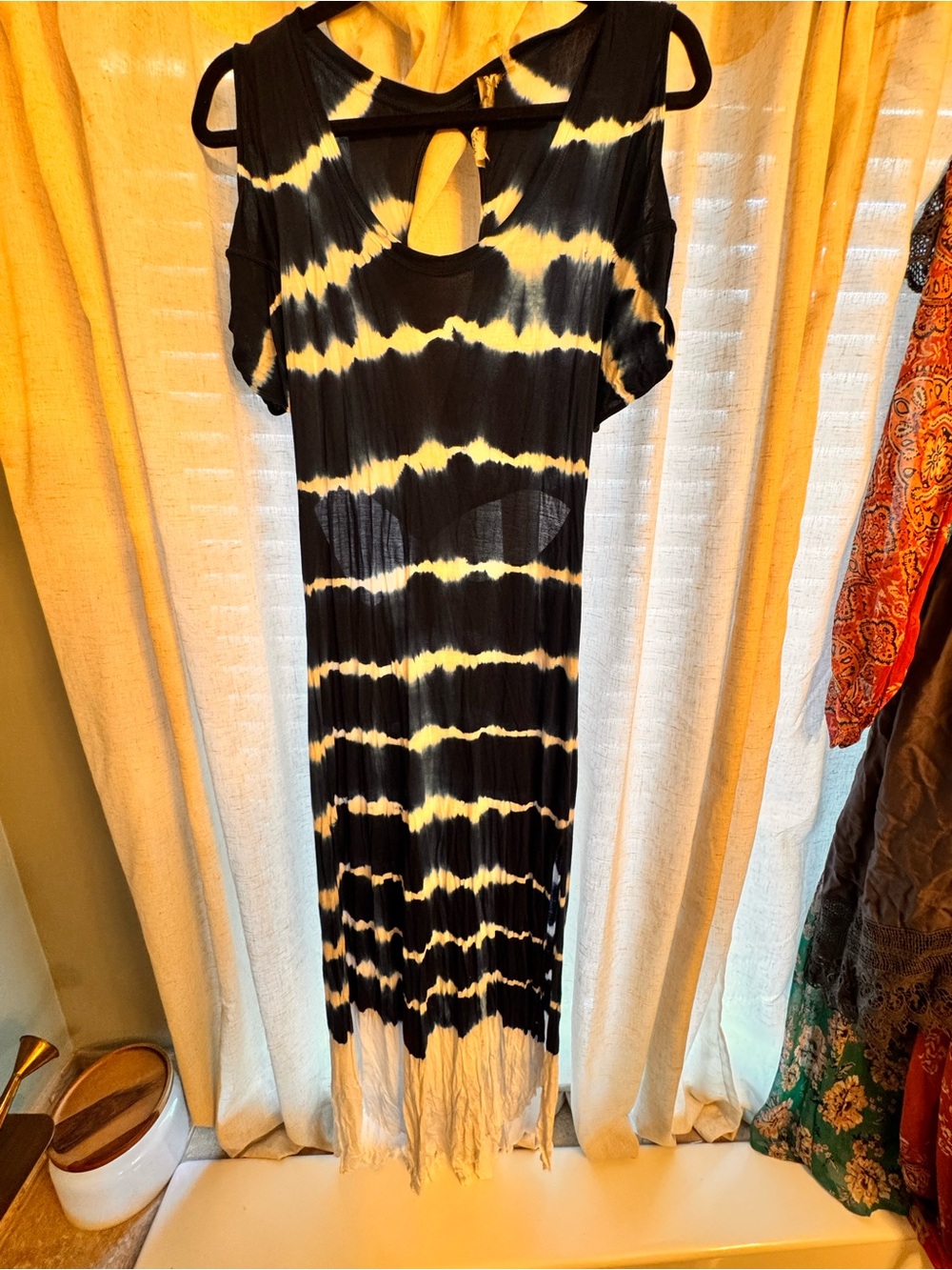 Tie-Dye Cold-Shoulder Maxi Dress in Black and Cream